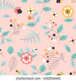 Seamless pattern with flowers and leaves. Vector spring template. Design for paper, cover, fabric, interior decor.