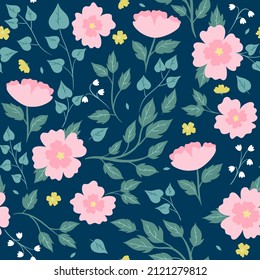 Seamless pattern with flowers and leaves. Vector graphics.