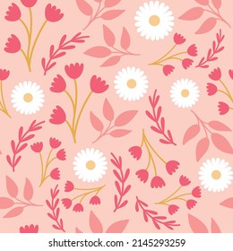 Seamless Pattern of Flowers and Leaves. Vector Art