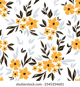 Seamless pattern with flowers and leaves. Vector illustration.