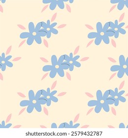 Seamless pattern with flowers and leaves. Vector illustration in pastel colors