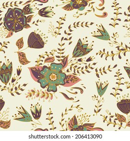 Seamless pattern with flowers and leaves  in vintage style. Vector floral illustration. Pastel colors.