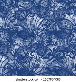 seamless pattern of flowers and leaves of watercolour Irises in indigo colors in vintage style Art Nouveau
