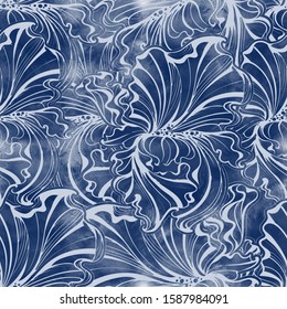 seamless pattern of flowers and leaves of watercolour Irises in indigo colors in vintage style Art Nouveau