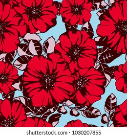 Seamless pattern with flowers and leaves of wild rose.