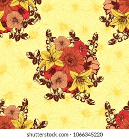 Seamless pattern with flowers and leaves of wild rose,  lilies, nasturtium and gerberas.