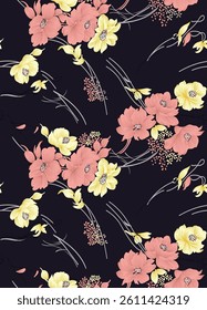 Seamless pattern with flowers and leaves.Watercolor hand drawing design
