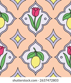 Seamless pattern with flowers and lemons in different frame shapes. Vector graphics, cartoon	