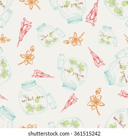 Seamless pattern flowers, lief and glass cup of herbal tea. Colored illustration of medicinal herbs vector background. Sketch of ayurveda plant seamless texture. Hand drawn eco background