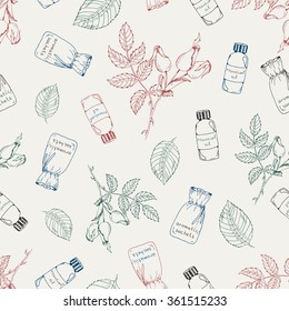 Seamless pattern flowers, lief, sachet and essential oil bottles. Colored illustration of medicinal herbs vector background. Sketch of ayurveda plant seamless texture. Hand drawn herbal background