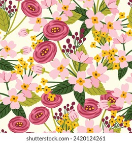 Seamless pattern of flowers, light yellow tone background, Modern floral pattern, Vintage floral background, Pattern for design wallpaper, Floral print design, Gift wrap paper and fashion prints.