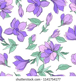 Seamless pattern with flowers. Lilac and violet magnolia flowers with green leaves. Vector illustration on white isolated background. Suitable for wedding decor, printing on fabric, bedding, wallpaper