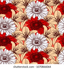 Seamless pattern with flowers of lilies and gerberas.
