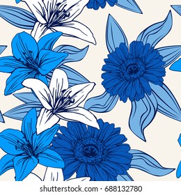 Seamless pattern with flowers of lilies and gerberas.