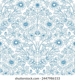 Seamless pattern with flowers with line art style. Vector illustration with flowers. Graphic arts.