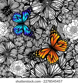 Seamless pattern of flowers from lines with colorful butterflies. Vector illustration. Line art