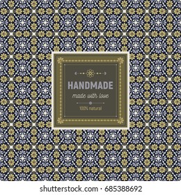 Seamless pattern with flowers and lines in white, blue and beige colors on dark background with label. Template with text. Can be use as packaging for handmade soap, candles, chocolate.