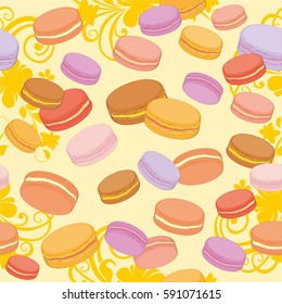 Seamless pattern with flowers and macaroon cake