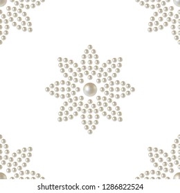 Seamless pattern of flowers made of beautiful 3D shiny natural white pearl. Mosaic floral print of jewel elements. Vector Illustration.