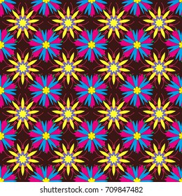 Seamless pattern of flowers in a magenta, blue and brown colors. Vector textile print template fashion paisley field wallpaper art. Imitation embroidery.