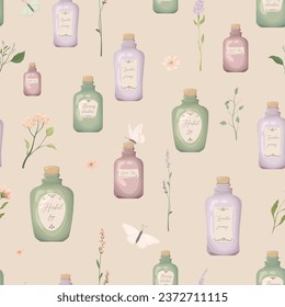 Seamless pattern with flowers and magic bottles