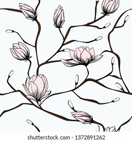 Seamless pattern with flowers. Magnolias on a white background. Suitable for printing on fabric, textiles, wallpaper, paper. 