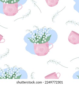 Seamless pattern. Flowers May lilies of the valley in cup on white background. Vector illustration. Spring pattern with forest flowers for design, packaging, wallpaper and decoration