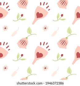 Seamless pattern with flowers, menstruation cup and tampon. Nice pastel colors (pink and green). Funny cute design. For prints, backgrounds, wrapping paper, textile, wallpaper, etc.