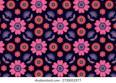 Nahtloses Muster mit Blumen im mexikanischen Volkskunststil. Blumenhintergrund für mexikanische Feiertage. Vektorgrafik.	