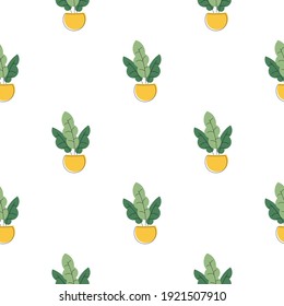 Seamless pattern with flowers. Minimalistic background with flower pots and triangles. Vector graphic design for paper, textile print, page fill.