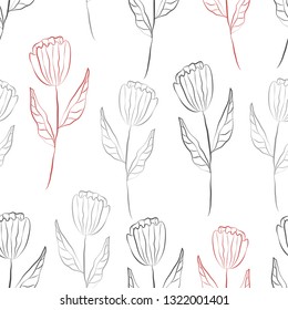
Seamless pattern with flowers, minimalistic style, drawing lines 