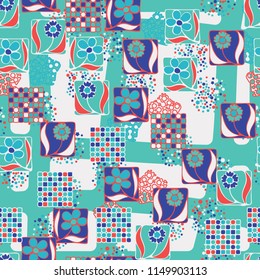 
Seamless pattern. Flowers, mosaic, pentagonal cheese. The background grid is made up of large rounded quadrilaterals.