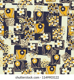 Seamless pattern. Flowers, mosaic, pentagonal cheese. The background grid is made up of large rounded quadrilaterals.