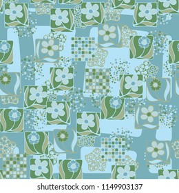 Seamless pattern. Flowers, mosaic, pentagonal cheese. The background grid is made up of large rounded quadrilaterals.