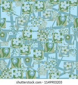 Seamless pattern. Flowers, mosaic, pentagonal cheese. The background grid is made up of different four-triangles and triangles.