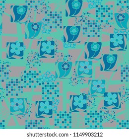 Seamless pattern. Flowers, mosaic, pentagonal cheese. The background grid is made up of different four-triangles and triangles.