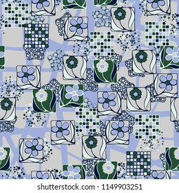 Seamless pattern. Flowers, mosaic, pentagonal cheese. The background grid is made up of different four-triangles and triangles.