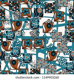 Seamless pattern. Flowers, mosaic, pentagonal cheese. The background grid is made up of different four-triangles and triangles.