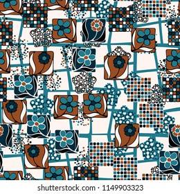 Seamless pattern. Flowers, mosaic, pentagonal cheese. A background grid composed of different curves of quadrangular figures.