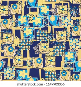 Seamless pattern. Flowers, mosaic, pentagonal cheese. The background grid is made up of uneven quadrangles.