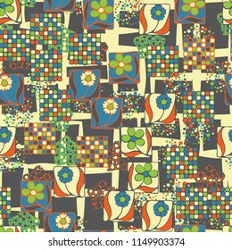 Seamless pattern. Flowers, mosaic, pentagonal cheese. The background grid is made up of uneven quadrangles.