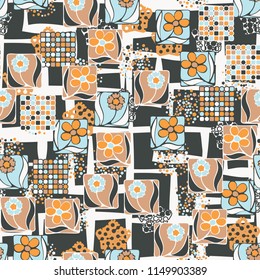 Seamless pattern. Flowers, mosaic, pentagonal cheese. The background grid is made up of uneven quadrangles.