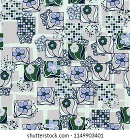 Seamless pattern. Flowers, mosaic, pentagonal cheese. The background grid is made up of uneven quadrangles.
