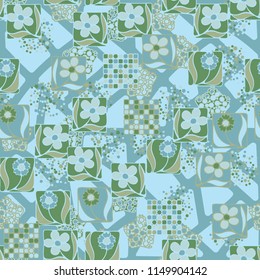 Seamless pattern. Flowers, mosaic, pentagonal cheese. Background grid composed of different smoothed figures.