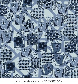 Seamless pattern. Flowers, mosaic, pentagonal cheese. Background grid composed of different smoothed figures.