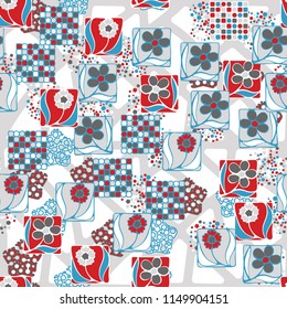 Seamless pattern. Flowers, mosaic, pentagonal cheese. Background grid composed of different smoothed figures.