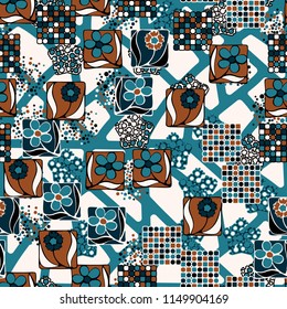 Seamless pattern. Flowers, mosaic, pentagonal cheese. Background grid composed of different smoothed figures.