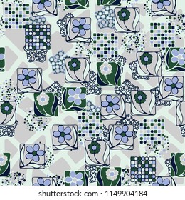 Seamless pattern. Flowers, mosaic, pentagonal cheese. Background grid composed of different smoothed figures.