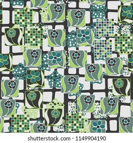Seamless pattern. Flowers, mosaic, pentagonal cheese. Background grid composed of not large smoothed quadrangles.