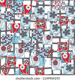 Seamless pattern. Flowers, mosaic, pentagonal cheese. Background grid composed of not large smoothed quadrangles.
